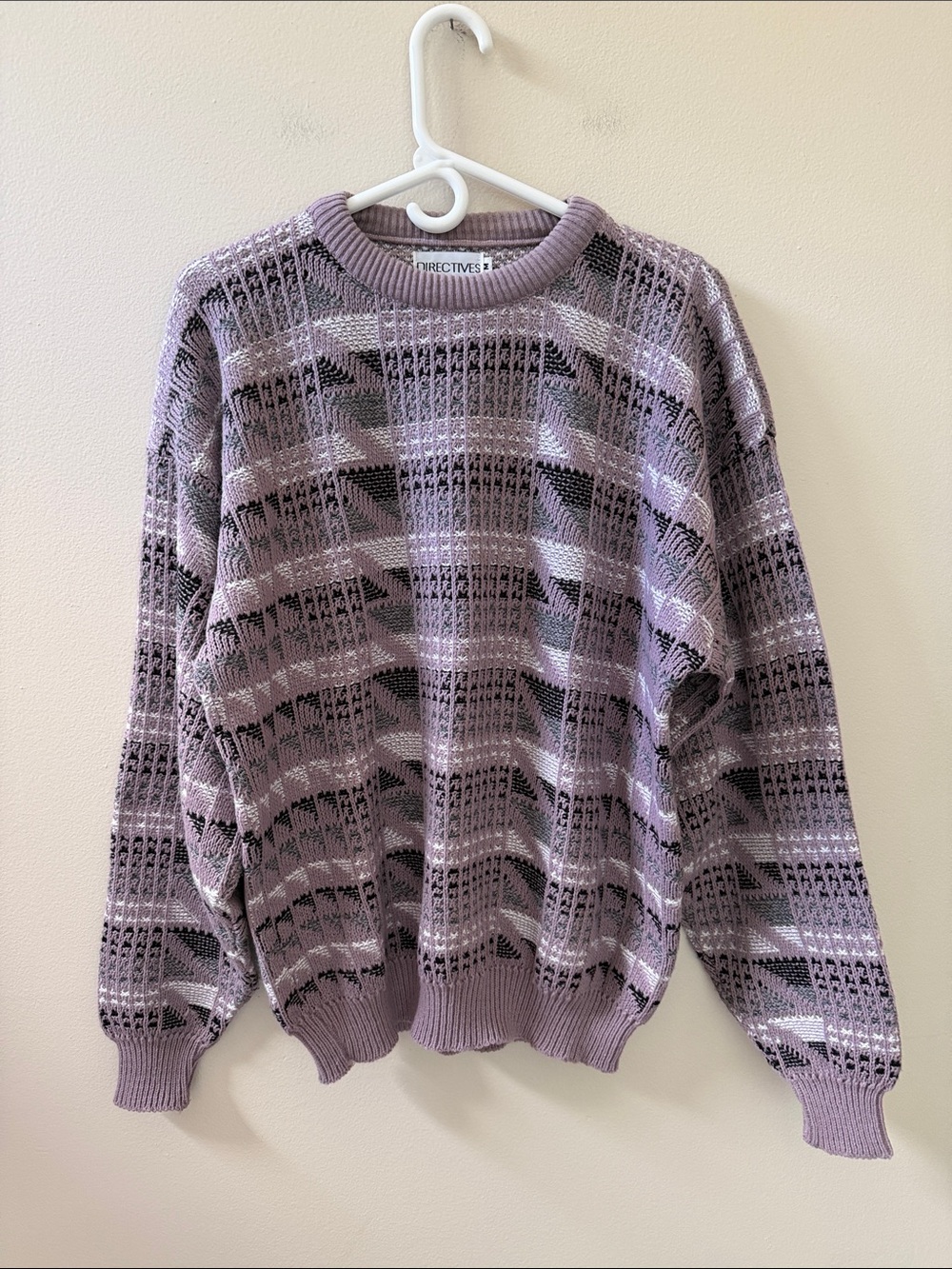 Vintage 90s Men's Purple, Black, Grey Abstract Patterned  Crewneck Sweater, Sz M
